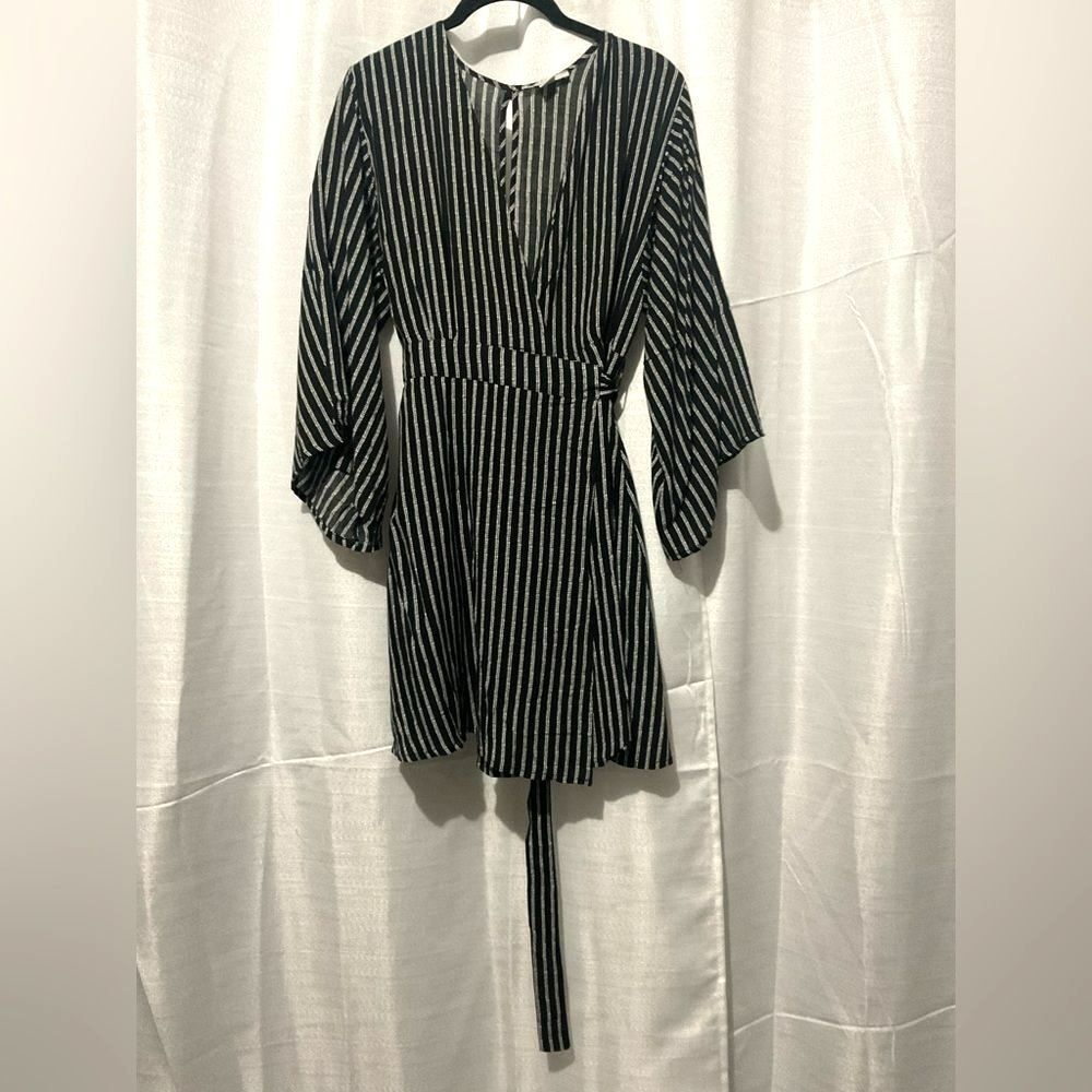 Favluxfashion Striped Wrap Dress - Black & White - Size M-Bell Sleeve Mini Dress